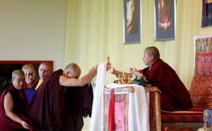 Drup&ouml;n Roar Vestre presenting the mandala offering to Jets&uuml;n Khandro Rinpoche.