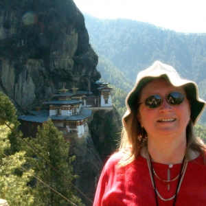 Lopön Rita at Taktsang, Tiger&#039;s Nest Monastery, in Paro, Bhutan during a pilgrimage with Mindrolling Jetsun Khandro Rinpoche and sangha members in 2003.