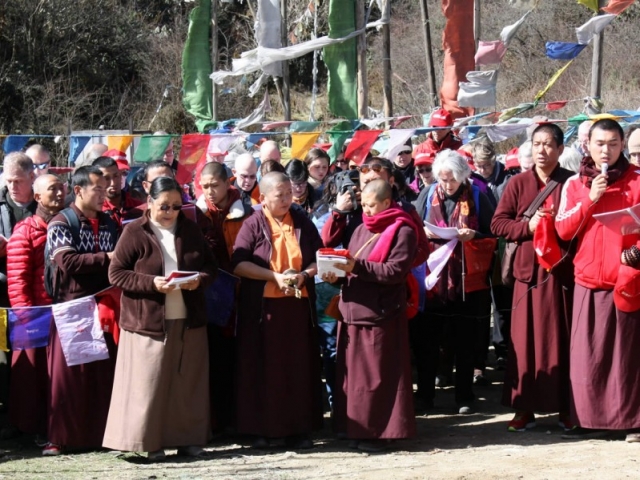 Pelela Pass-Bhutan, March 2016 Sangha members gathered with Jetsün Khandro Rinpoche, Minling Sangyum Kushog, monks and nuns of Mindrolling at Pelela Pass in Bhutan, March 2016.