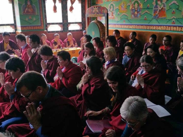 Sangha Prayers Sangha during sadhana practice at Paro. Bhutan, March 2016.