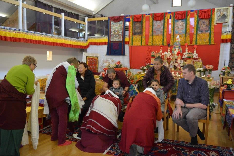 Mindrolling Family at Oberlethe Mahasangha 2016 Offering khatags to the Mindrolling Family during the Mahasangha at Oberlethe, Germany. October 2016.